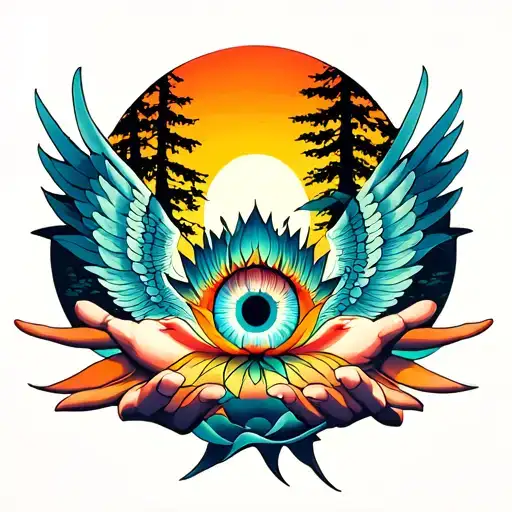 lotus with an eye in the hands of a warrior with wings against the background of the sun and the forest tattoo design idea