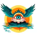 lotus with an eye in the hands of a warrior with wings against the background of the sun and the forest tattoo design idea