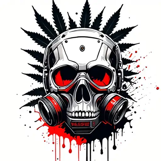 composition A robot skull with a gas mask,in the background a marijuana leaf,hexagonal grid tattoo design idea