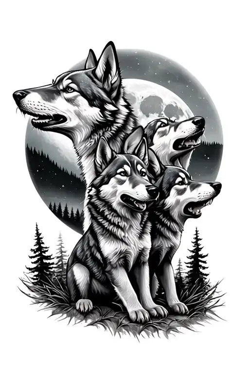 3 wolf cubs howling at the sky, forest scenary with full moon behind tattoo design idea