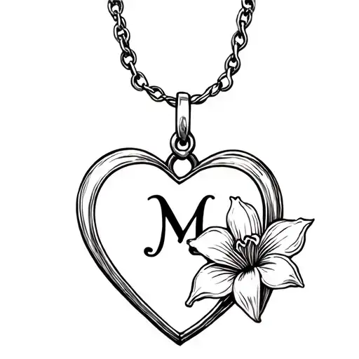 a locket heart shaped lock with the initial M in cursive incorporated and the second side with a lilie flower tattoo design idea