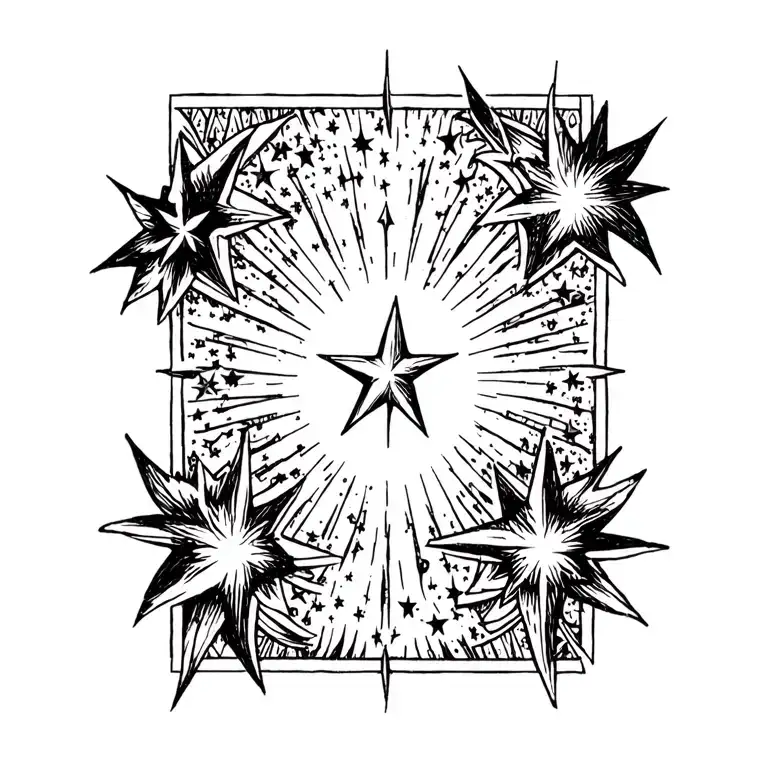 “The Star” shines brightly in contrast. A luminous celestial body radiates hope and renewal, its smaller stars forming tattoo design idea
