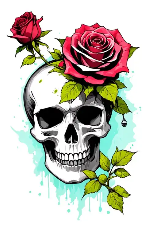 thin rose piercing through the top of a skull tattoo design idea