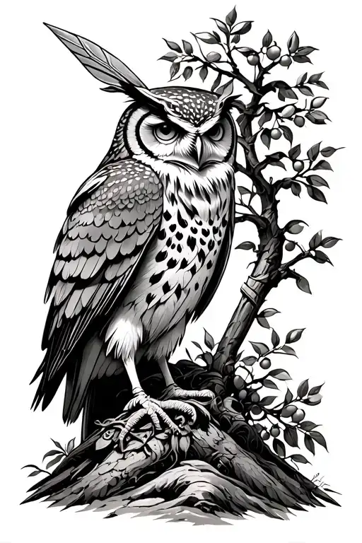 athena greek mythology with a owl, spear and olive tree. in black and white, tattoo design idea