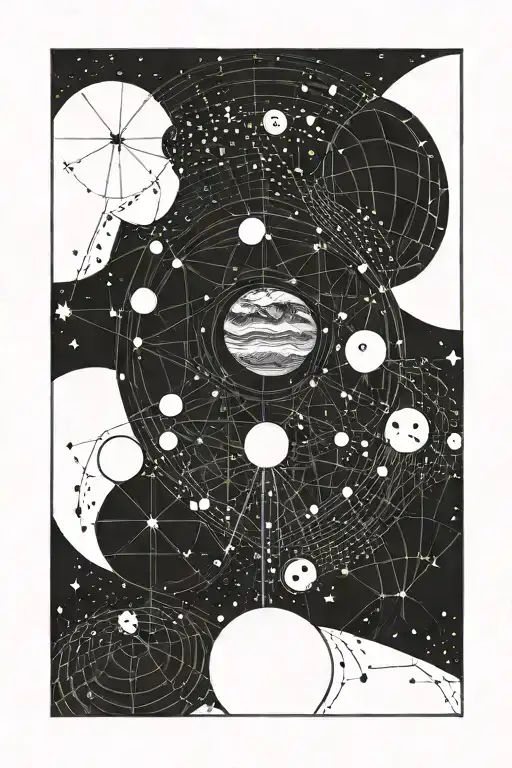 The planet Venus is in front of a full moon, surrounded by traces of constellations, everything must be colored tattoo design idea