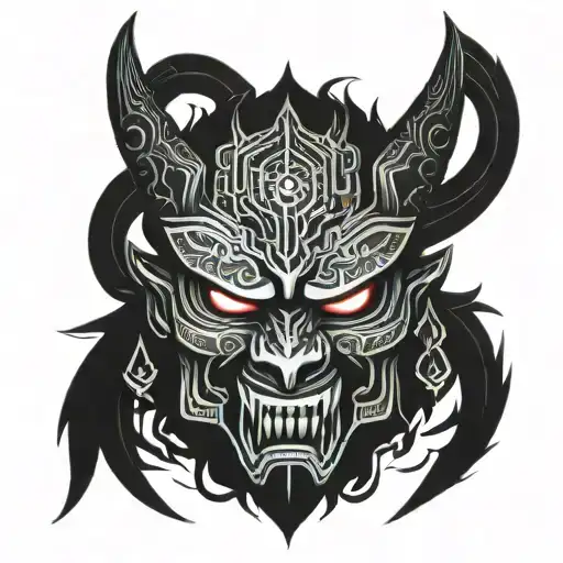 scary japanese devil oni mask with 666 as eyes white dragon tattoo design idea