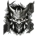 scary japanese devil oni mask with 666 as eyes white dragon tattoo design idea