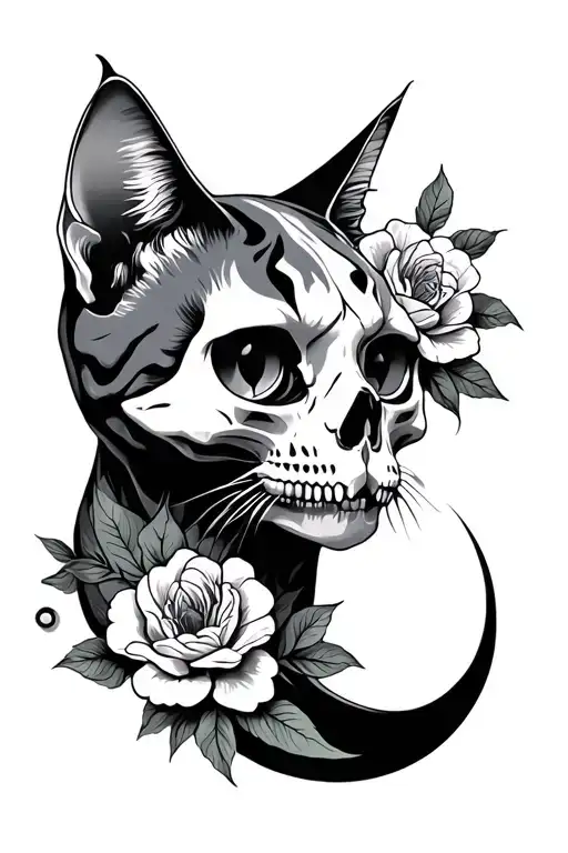 cat Skull, moon And Flower tattoo design idea