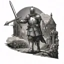 a crusader knight walking a path borded by hanged men. the knight IS going towards a bright shining light tattoo design idea