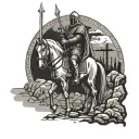 a crusader knight walking a path borded by hanged men. the knight IS going towards a bright shining light tattoo design idea