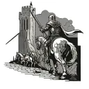 a crusader knight walking a path borded by hanged men. the knight IS going towards a bright shining light tattoo design idea