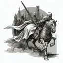 a crusader knight walking a path borded by hanged men. the knight IS going towards a bright shining light tattoo design idea