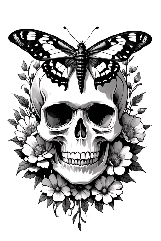 skull floral with moth resting tattoo design idea