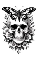 skull floral with moth resting tattoo design idea