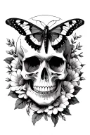 skull floral with moth resting tattoo design idea