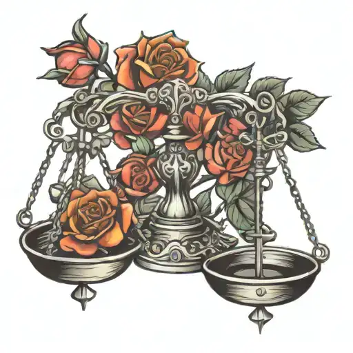 scales of justice fire and roses tattoo design idea
