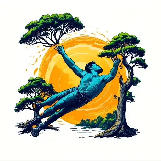 man falling from the sun into a concrete jungle forest with trees tattoo design idea