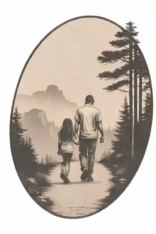 father in the middle holding hands with two small girls walking down the road with forest and cliffs in background tattoo design idea
