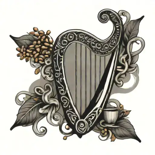 A traditional Irish harp adorned with coffee beans and steam swirls, surrounded by intricate sketch art patterns tattoo design idea