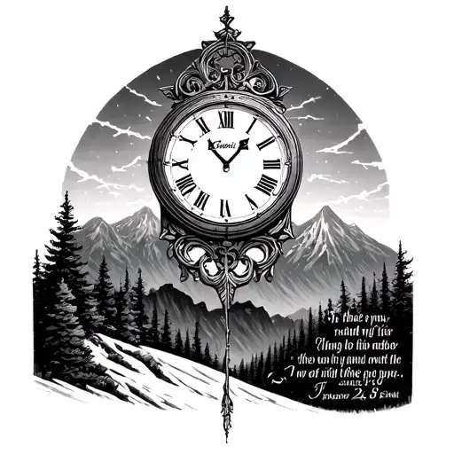 verse psalms 23 verse with clock behind and mountains tattoo design idea