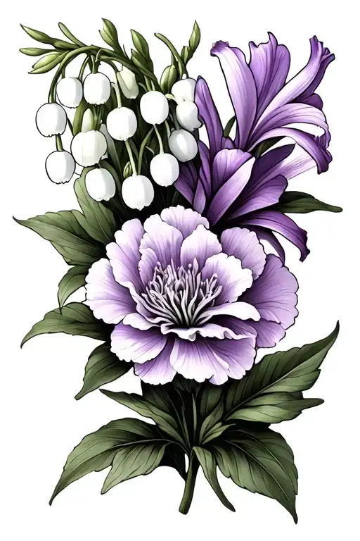 Small lilac, Carnation flower, Lily of the valley flower, Gladiolus flower tattoo design idea
