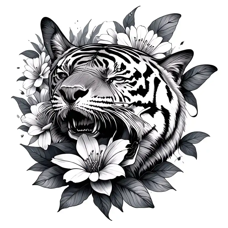 Tiger, shark, moth, flowers tattoo design idea