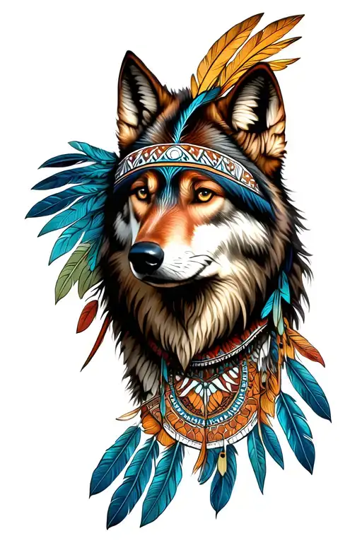Indian Wolf with feathers and mandala design incorporating tattoo design idea