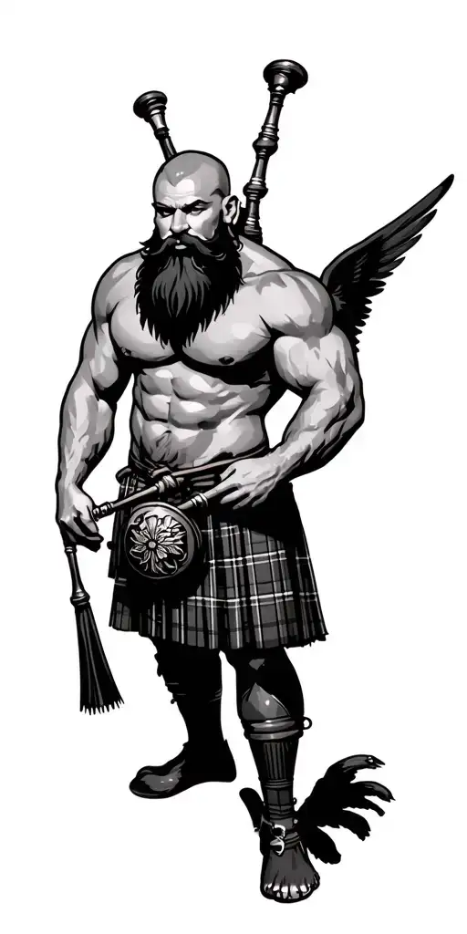 shirtless muscular bagpiper bald black beard with huge black wings playing bagpipes in arm tattoo design idea
