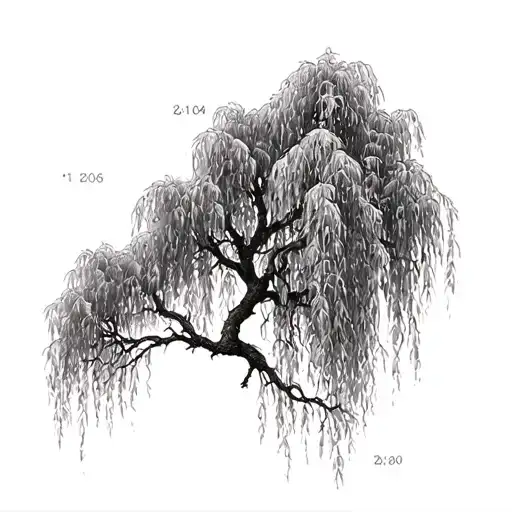 Design a tattoo with a weeping willow tree, its vines representing my family’s generations with subtle birth dates integ tattoo design idea