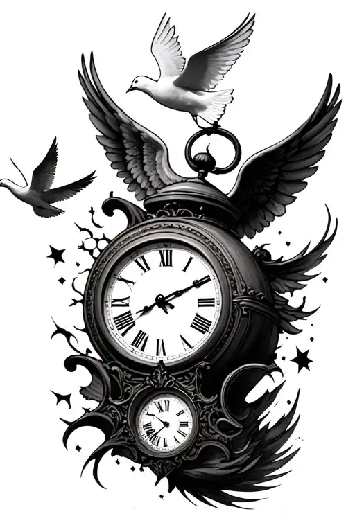 broken clock with angel and dove flying tattoo design idea