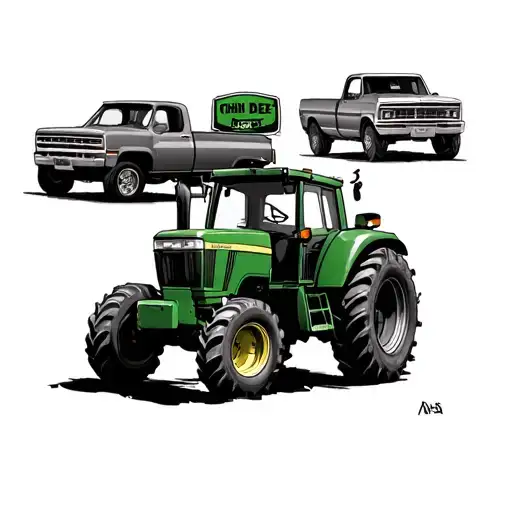John Deere tractor and Chevy truck parked in front tattoo design idea
