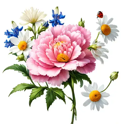 pink carnation, blue delphinium, honeysuckle, daffodil, white daisy with a ladybug on the petal tattoo design idea