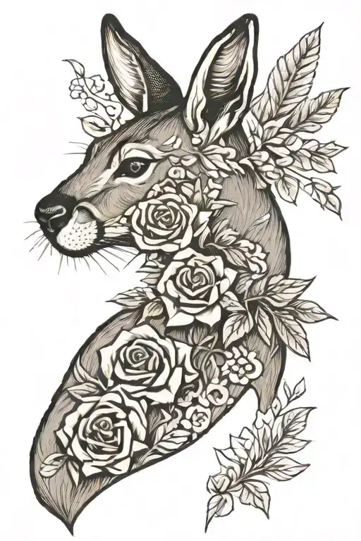 Kangaroo and Lancaster rose surrounded tattoo design idea