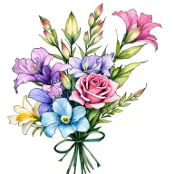 gladiolus, daffodil, rose, sweet pea birth flower bouquet tied with thin bow. I like colors: blues, pinks, purples, cyan tattoo design idea