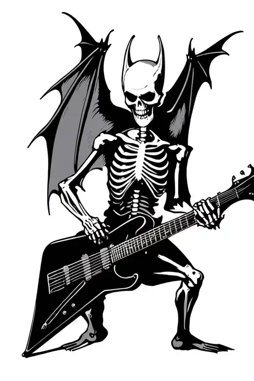 bat skeleton playing a flying v guitar. no background. make the wings holdong the guitar tattoo design idea