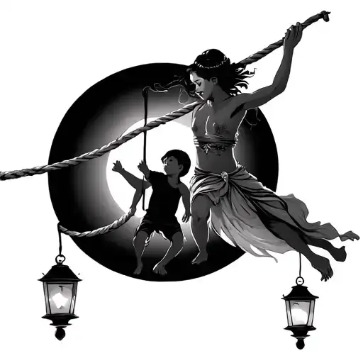 Rope dancer with a balancing rod at the end of which two lanterns hang in the light of which one child is indicated tattoo design idea