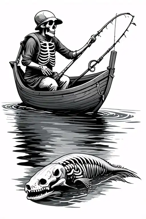 a skeleton fisherman siting in a wooden boat casting a line and below him a skeleton of an eel trying to catch his line tattoo design idea