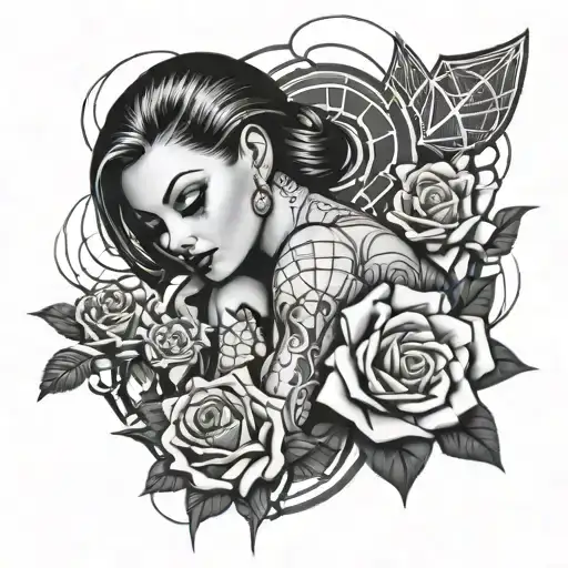 add 8 spider webs on elbow for and roses with a female gangster gambling bet tattoo design idea