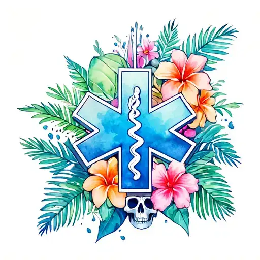 EMS star of life with Hawaiian flowers, skulls, and palm leaves surrounding  tattoo design idea