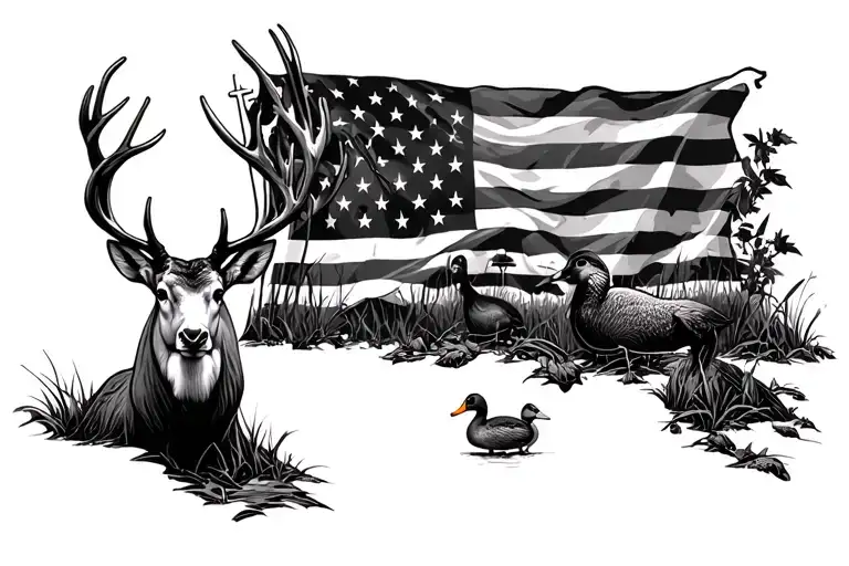 Louisiana, deer, ducks, guns, American flag, rosary, swamp tattoo design idea