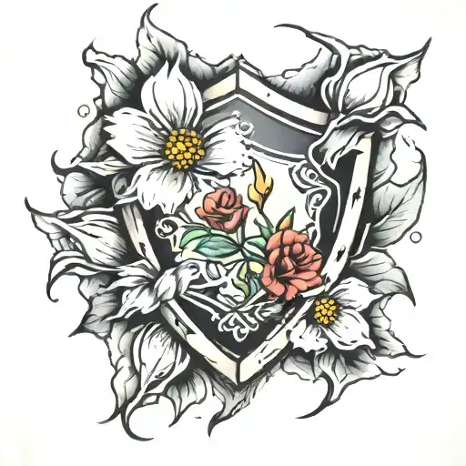 cracked shield adorned with flowers coming from cracks tattoo design idea