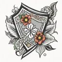 cracked shield adorned with flowers coming from cracks tattoo design idea