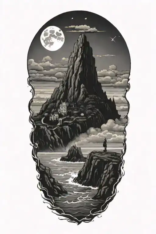 A lovecraftian cultist overlooking a cliff on a stormy night, with ocean in background, isolated island with a monastery tattoo design idea