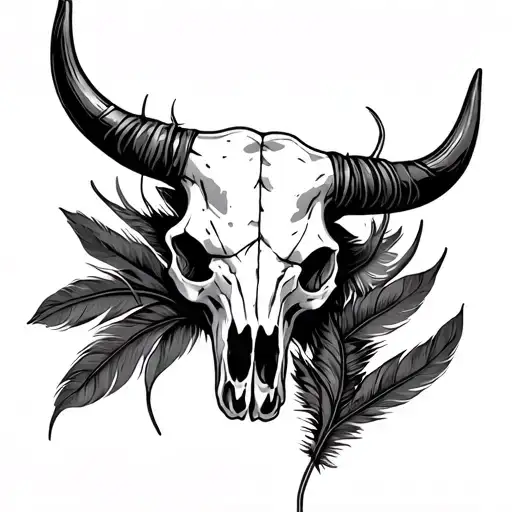 bull skull feather barb wire tattoo design idea