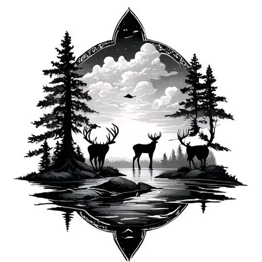 cross with trees, clouds, deer, fish  tattoo design idea