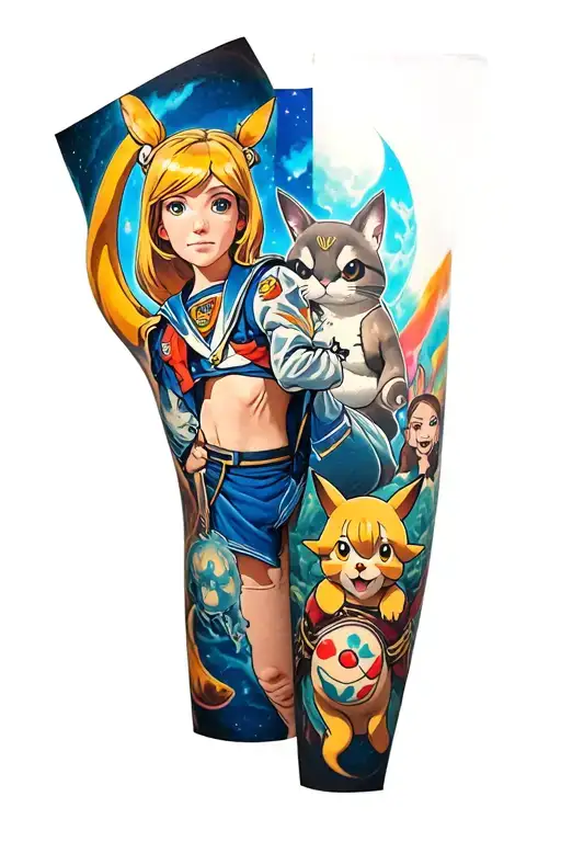 A fandom thigh sleeve with collaboration of various fandoms such as Pokémon, doctor who, sailor moon, star wars, lord of tattoo design idea