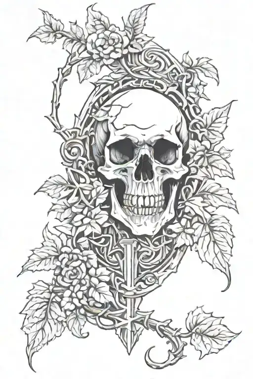 full skeleton grave stone ivy leaves intertwined tattoo design idea