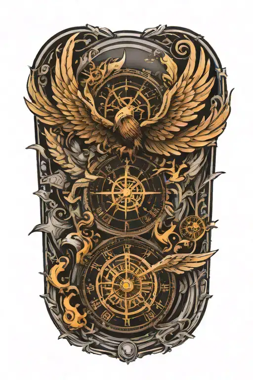 compass layered behind a clock representing the course for life over time. Overlapping is a Phoenix rising uo tattoo design idea