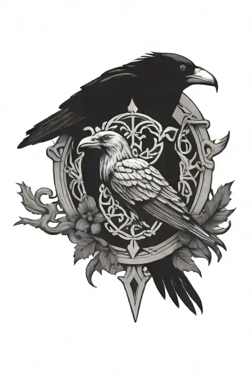 crow family crest with 2 large crows and 4 small crows with celtic cross tattoo design idea