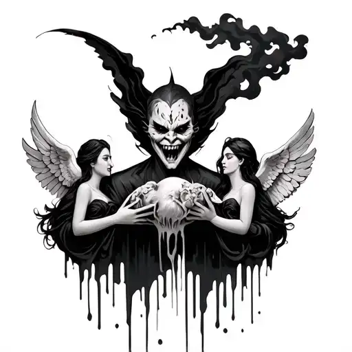 evil face melting with black smoke smiling while holding angels head in his hands intertwinde with souls and sexy woman  tattoo design idea